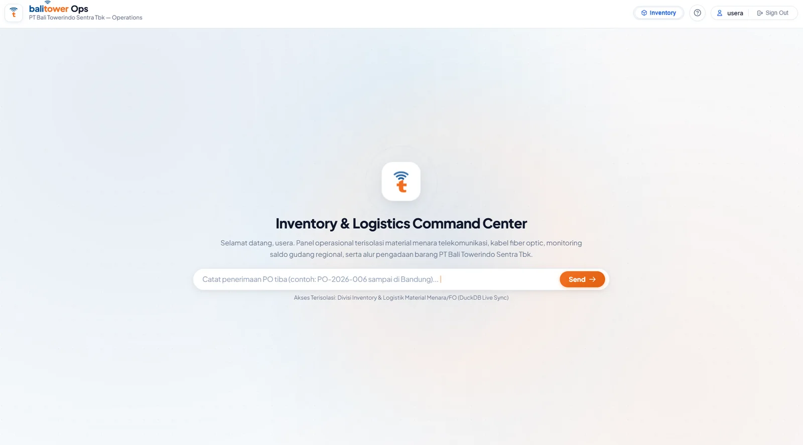 BaliTowerOps inventory and logistics command center dashboard